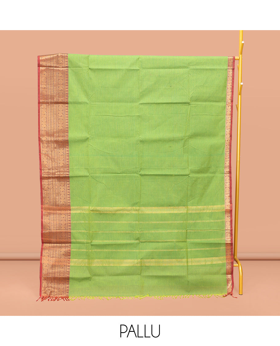 Parrot Green Plain Chettinad Cotton Saree, Complemented by a Contrast Traditional Zari Design Woven Border, Pallu of Stripes, and Paired with a Matching Blouse
