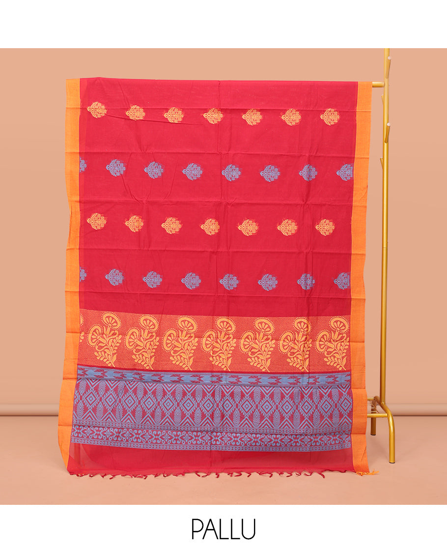 Red Kanchi Cotton Saree Features Buttas on Its Body, Complemented by a Contrast Border, Floral-Geometric Design Pallu, and a Matching Blouse