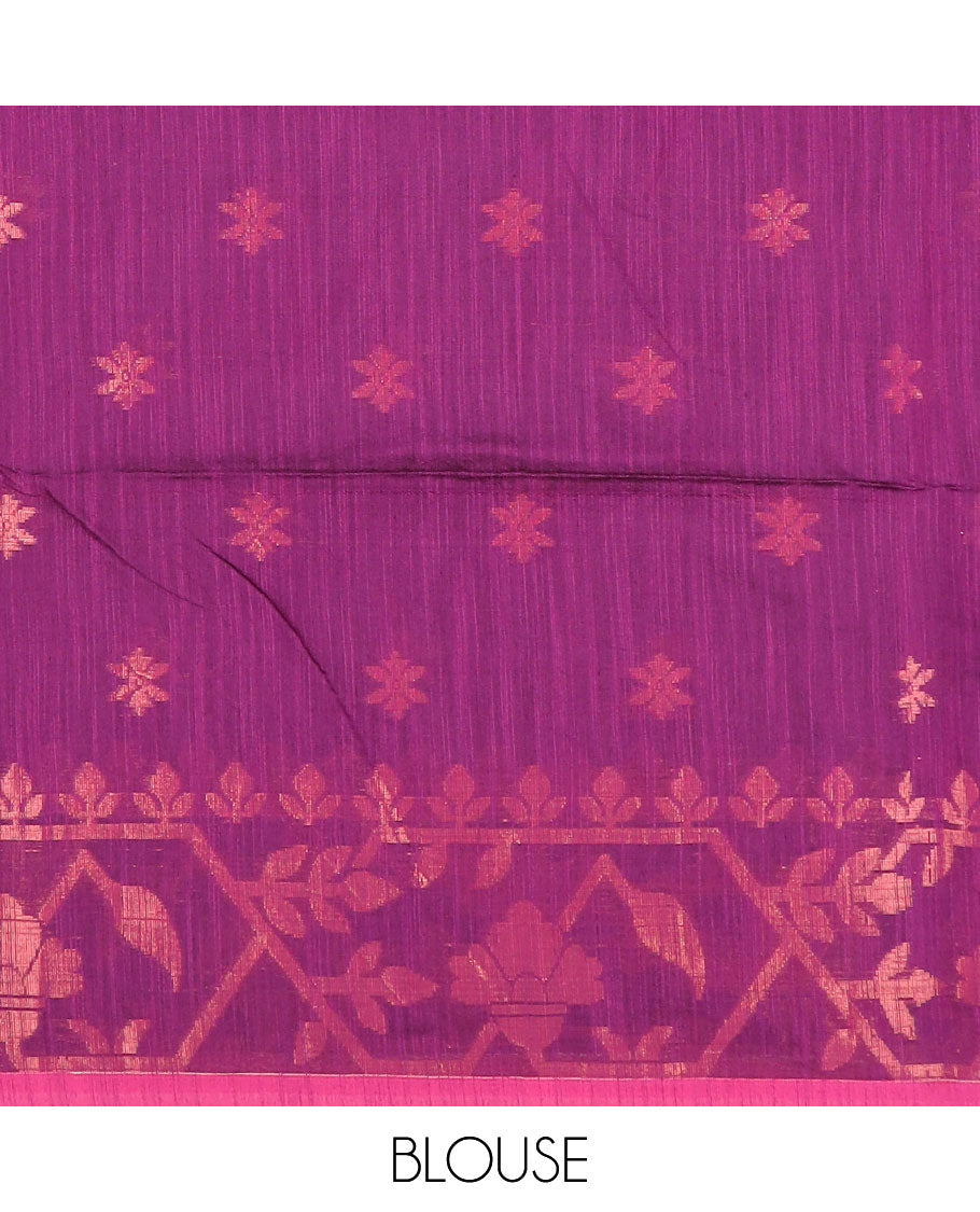 Magenta zari buttas Kadhi cotton saree, paithani-style floral-theme zari woven border & paithani-style motifs zari woven pallu