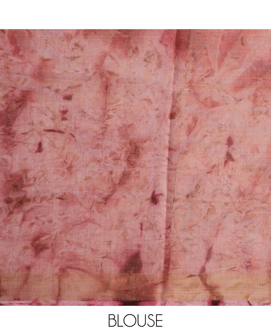 Pink shibori printed, and buttas mixed cotton saree, plain border, and pallu steeped with floral motifs