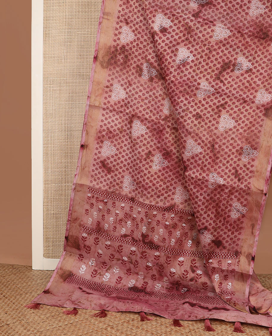 Pink shibori printed, and buttas mixed cotton saree, plain border, and pallu steeped with floral motifs