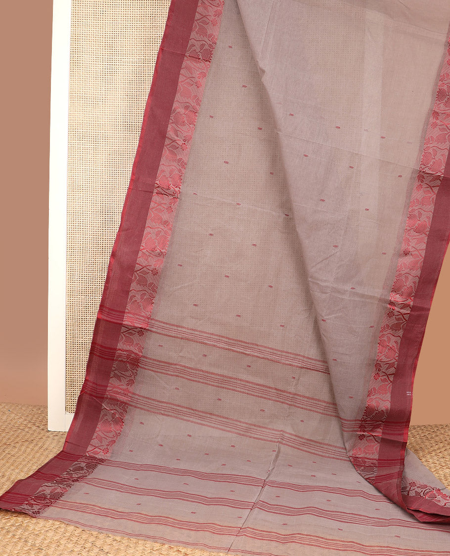 Grey thread buttas Bengal cotton saree, contrast floral design border, and striped pallu