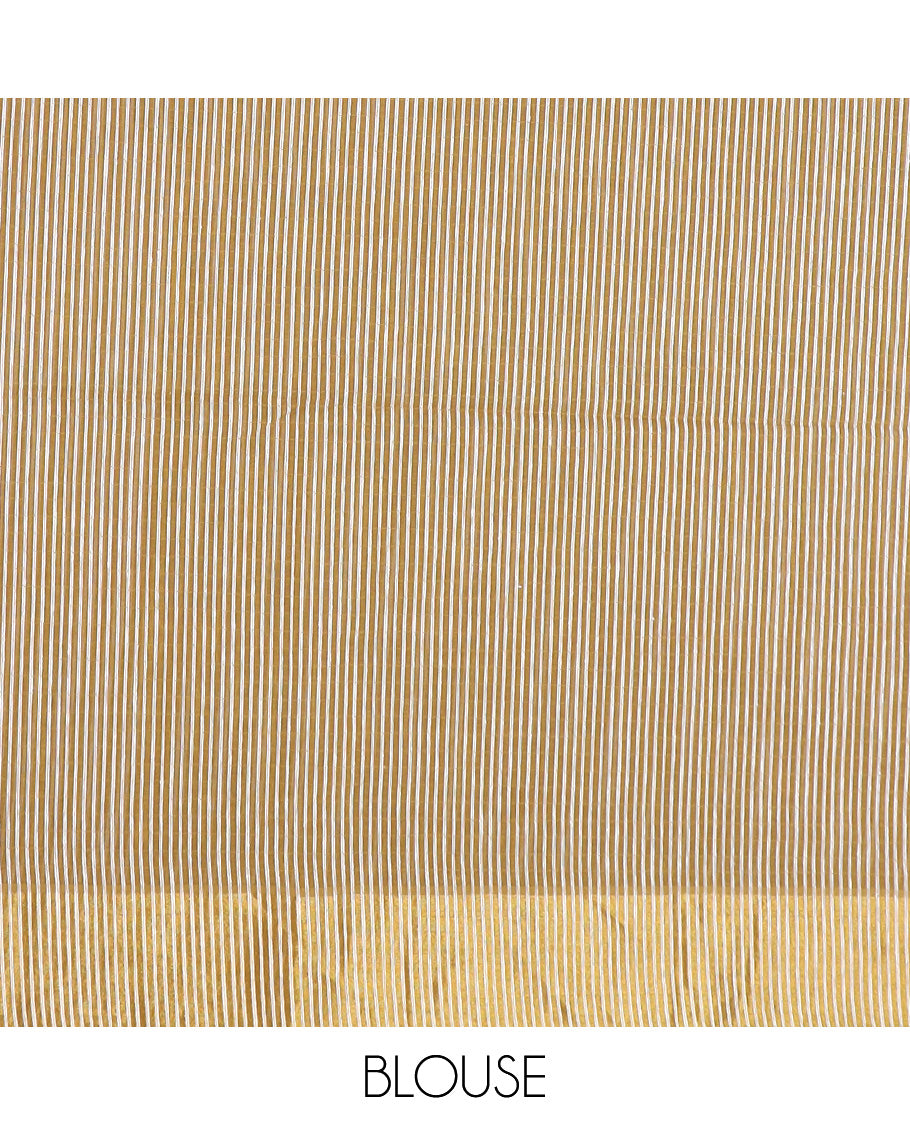 Mustard striped jute cotton saree, zari bavanji border, and striped pallu