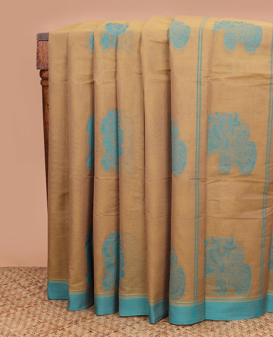 Sandal buttas kanchi cotton saree, contrast plain border, and floral potted pallu