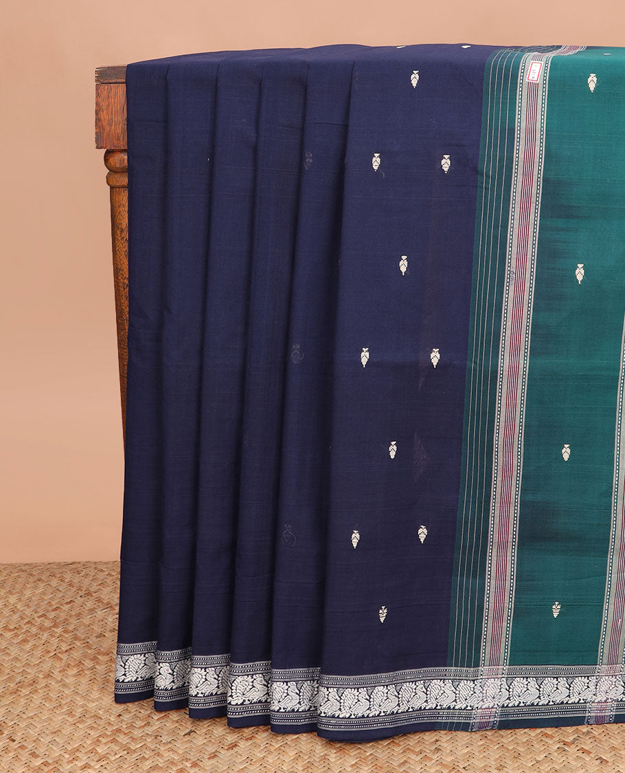 Navy blue buttas and checked Andhra cotton saree, peacock border, and contrast pallu of stripes and buttas