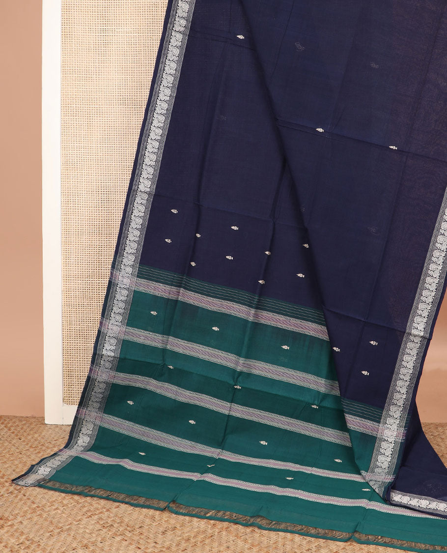 Navy blue buttas and checked Andhra cotton saree, peacock border, and contrast pallu of stripes and buttas