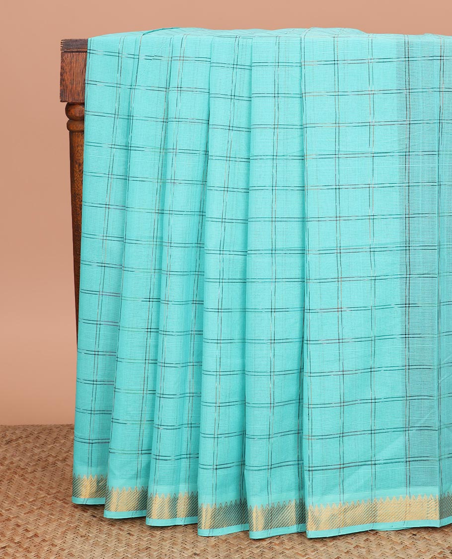 Blue checked Mangalgiri cotton saree, contrast traditional zari border, zari pallu, and a matching blouse