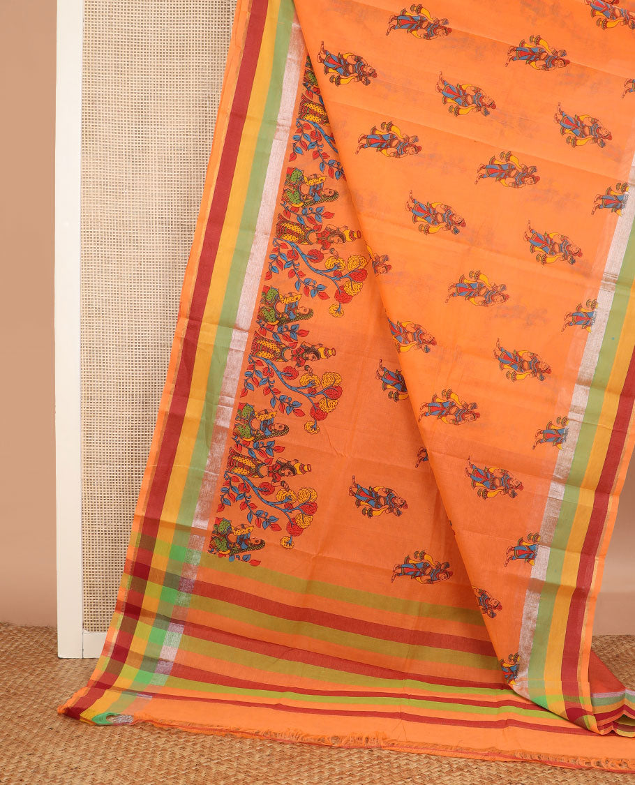 Orange human figurines printed chirala cotton saree, contrast striped border, and pallu of stripes