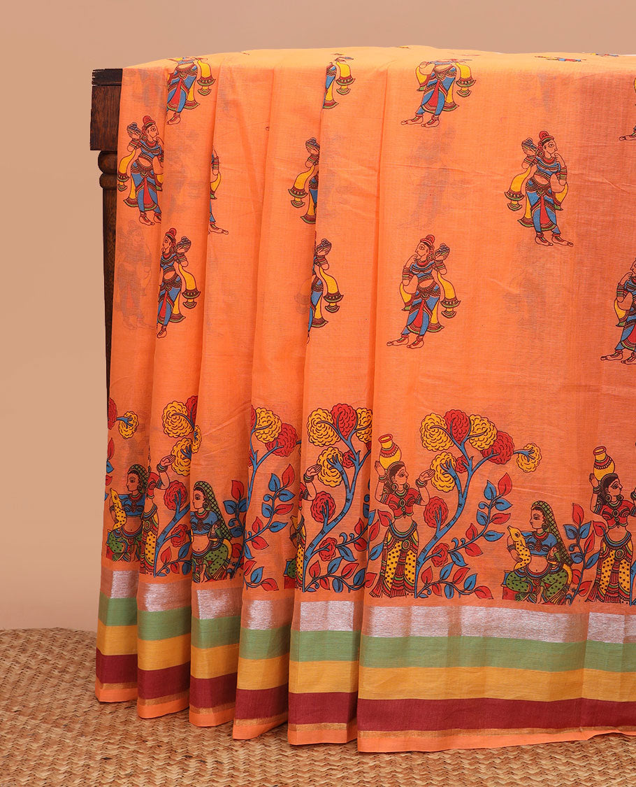 Orange human figurines printed chirala cotton saree, contrast striped border, and pallu of stripes