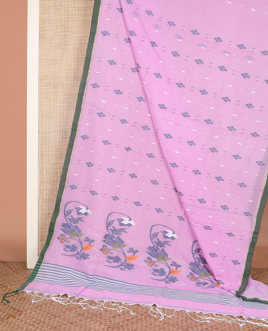 Pink buttas Khadi cotton saree, contrast plain border, and pallu of thread woven jamdani floral designs