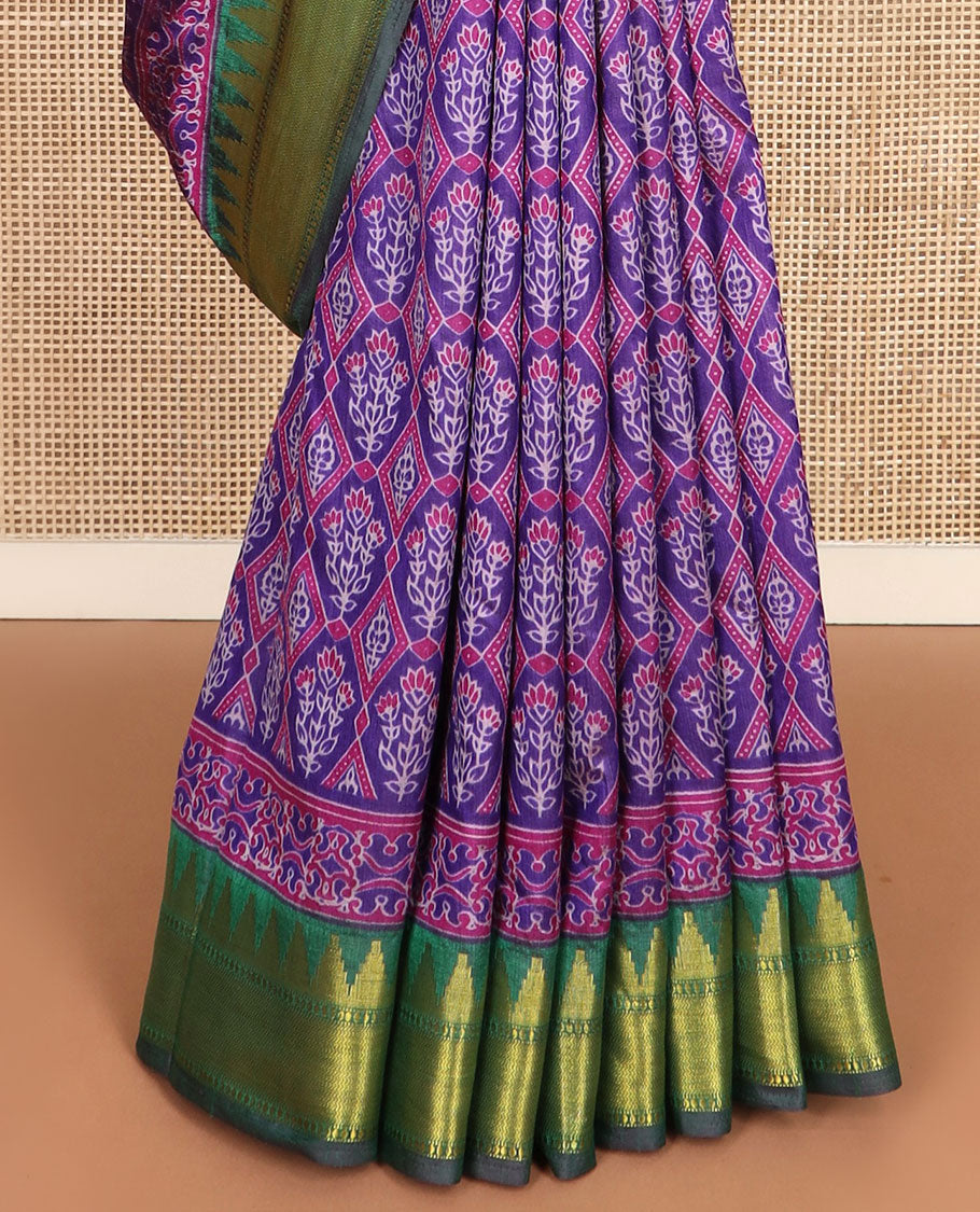 Violet floral motif enclosed jaal semi-banaras patola silk saree, contrast temple border, and pallu of floral motifs