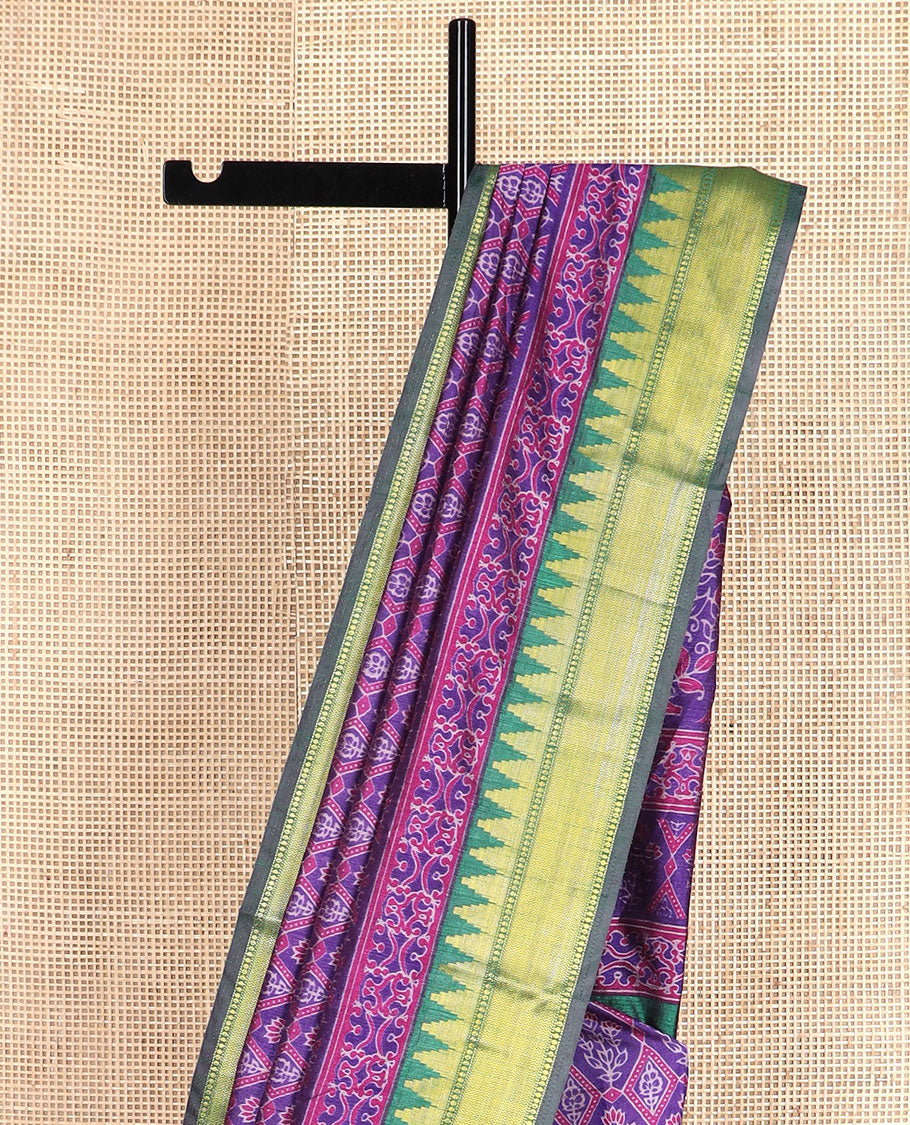 Violet floral motif enclosed jaal semi-banaras patola silk saree, contrast temple border, and pallu of floral motifs