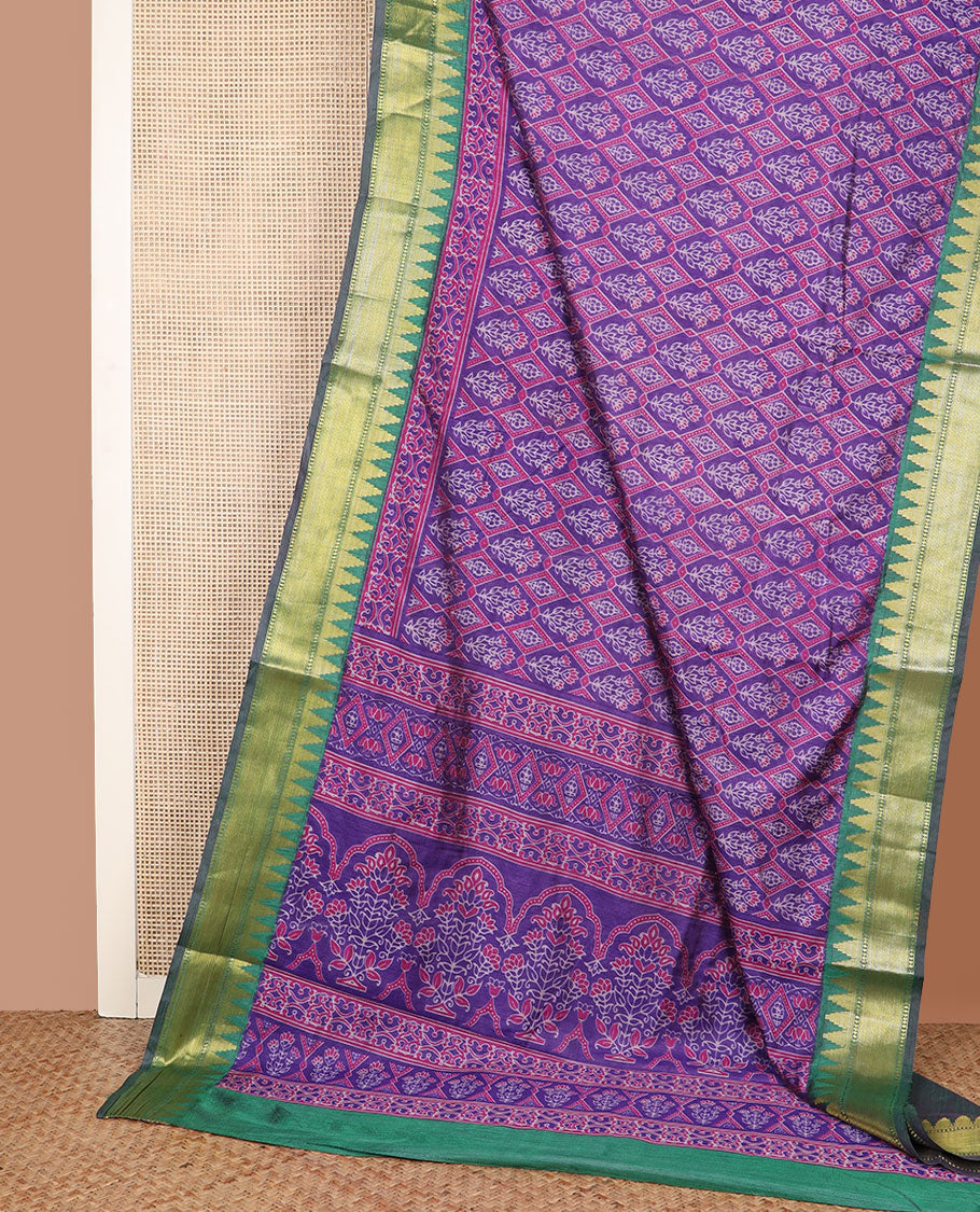 Violet floral motif enclosed jaal semi-banaras patola silk saree, contrast temple border, and pallu of floral motifs
