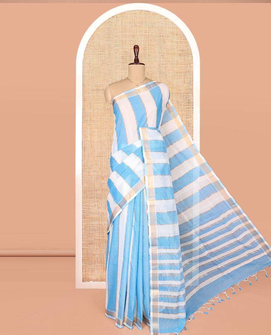 White-Blue Mangalgiri Cotton Saree, Gleamed Up with Stripes on Its Body, Highlighted by Zari Temple Border, Zari-Striped Pallu, and Paired with a Matching Blouse