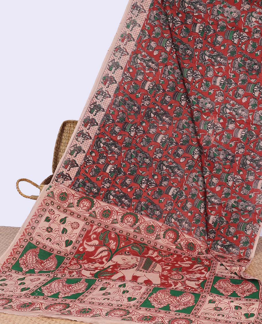 Red human motifs machine-printed kalamkari cotton saree with contrast border & animal, paisley motifs pallu