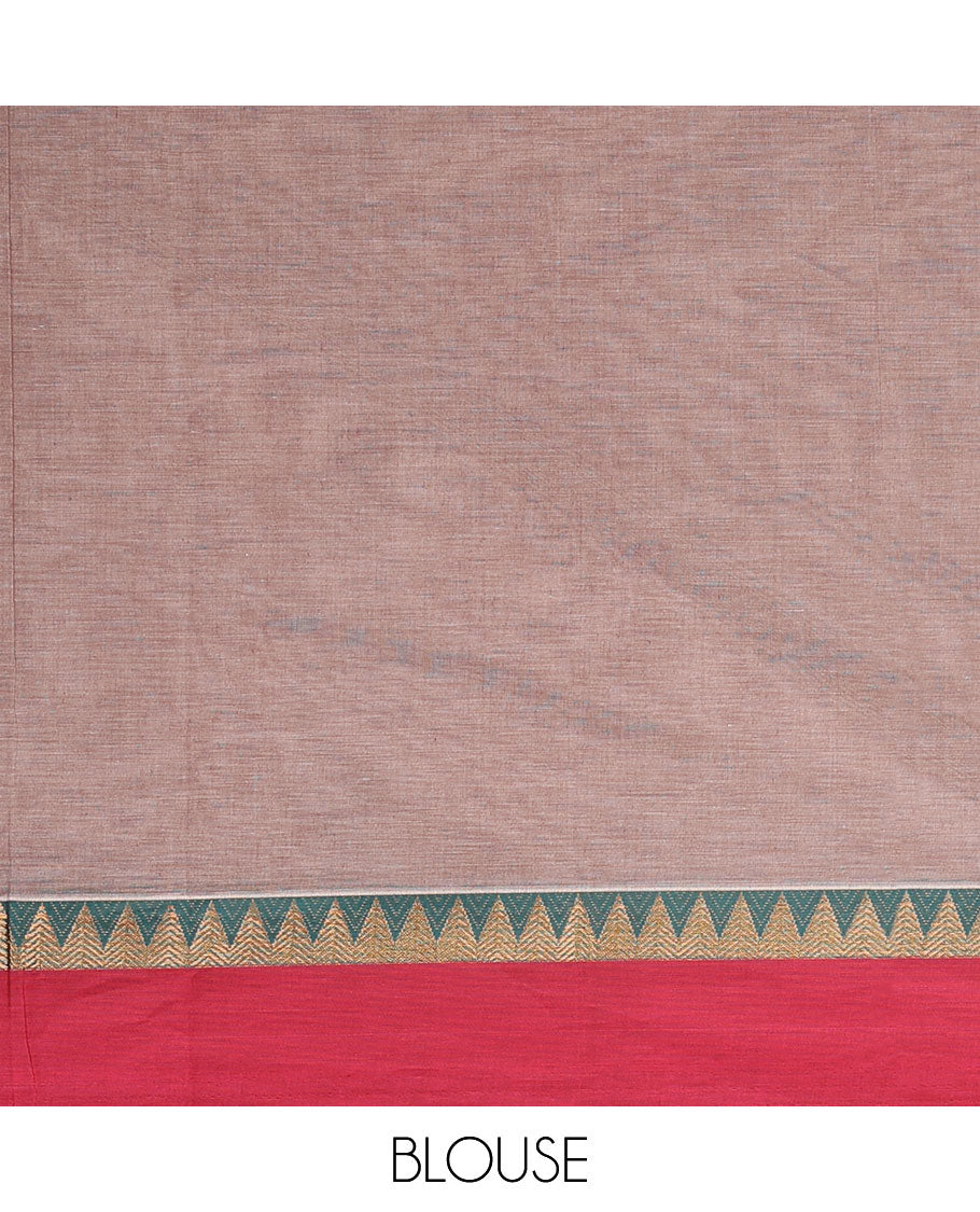 Pale brown circle motifs kanchi cotton saree, contrast zari temple border of peacock designs & floral design pallu