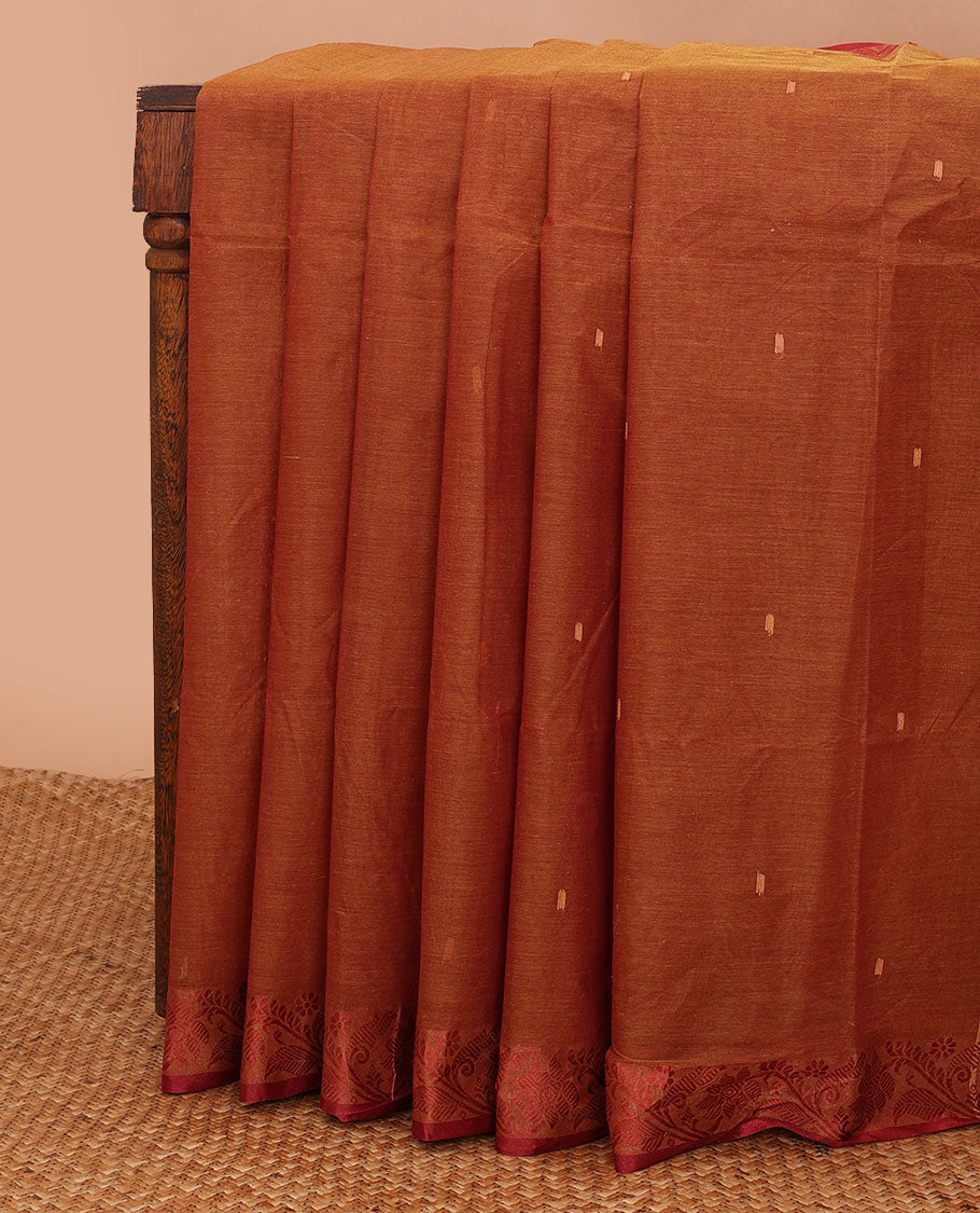 Rust buttas Bengal cotton saree, contrast floral creeper thread border & pallu of buttas & stripes