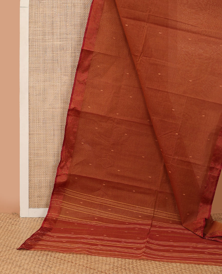 Rust buttas Bengal cotton saree, contrast floral creeper thread border & pallu of buttas & stripes