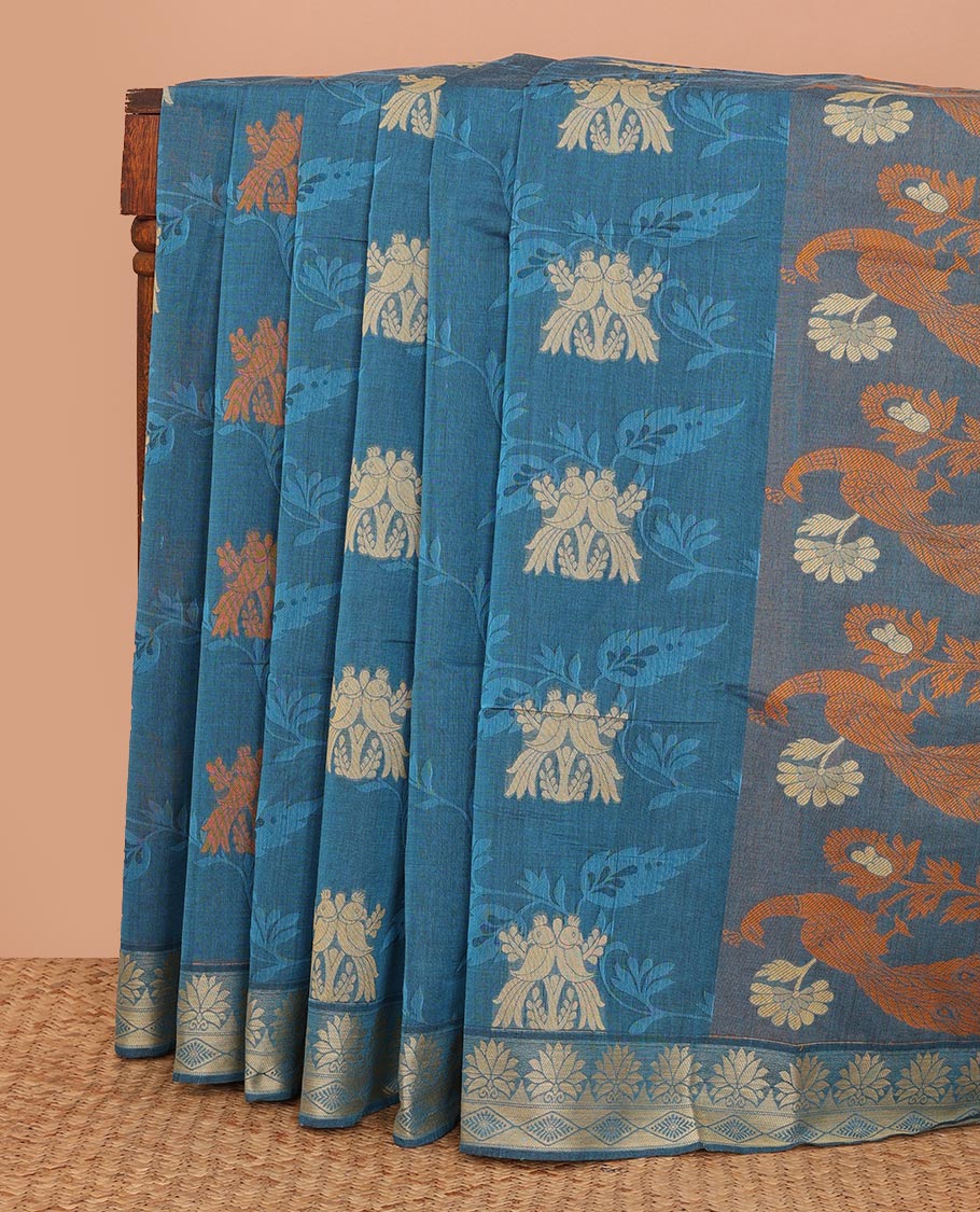 Blue parrot motifs Kanchi cotton saree, traditional border, and pallu of peacock, and ogee patterns