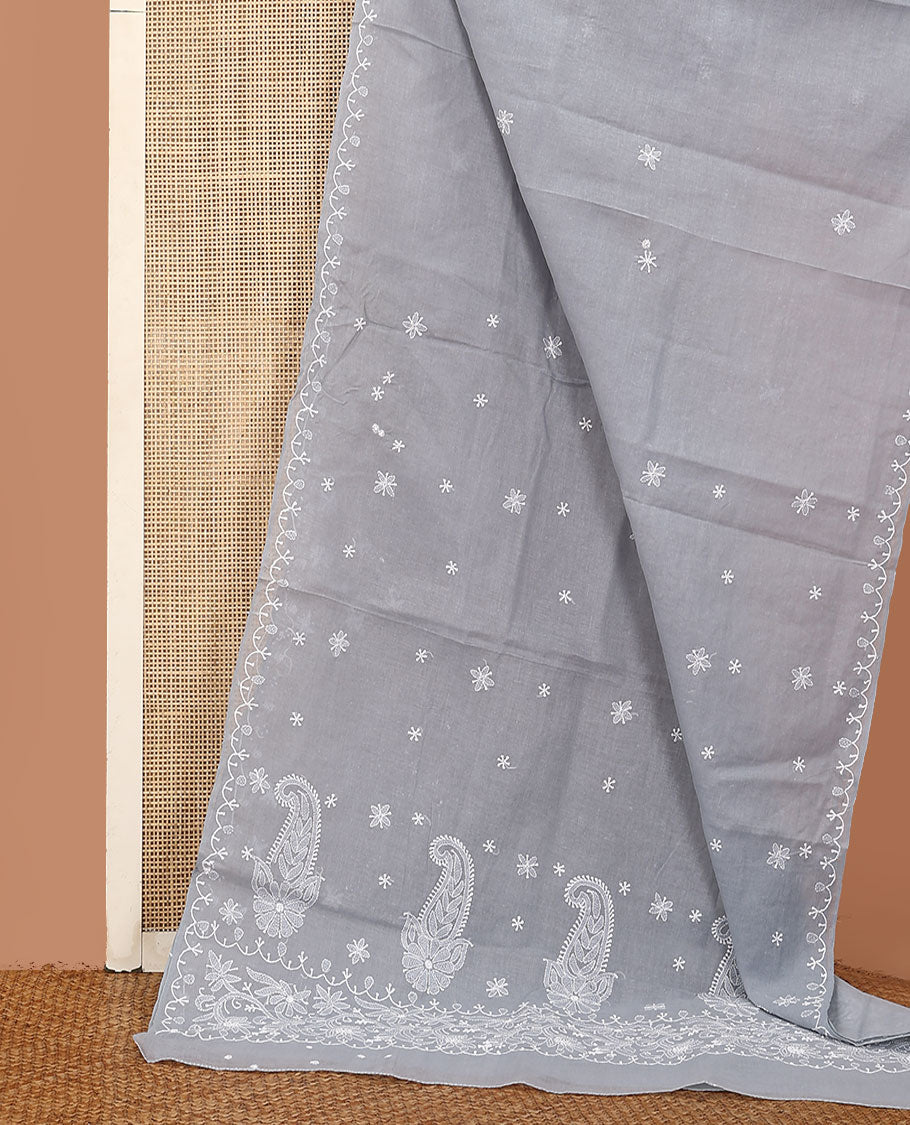 Grey embroidered buttas Lucknowi chikankari saree, thread embroidered border, and floral-paisley motifs embroidered pallu