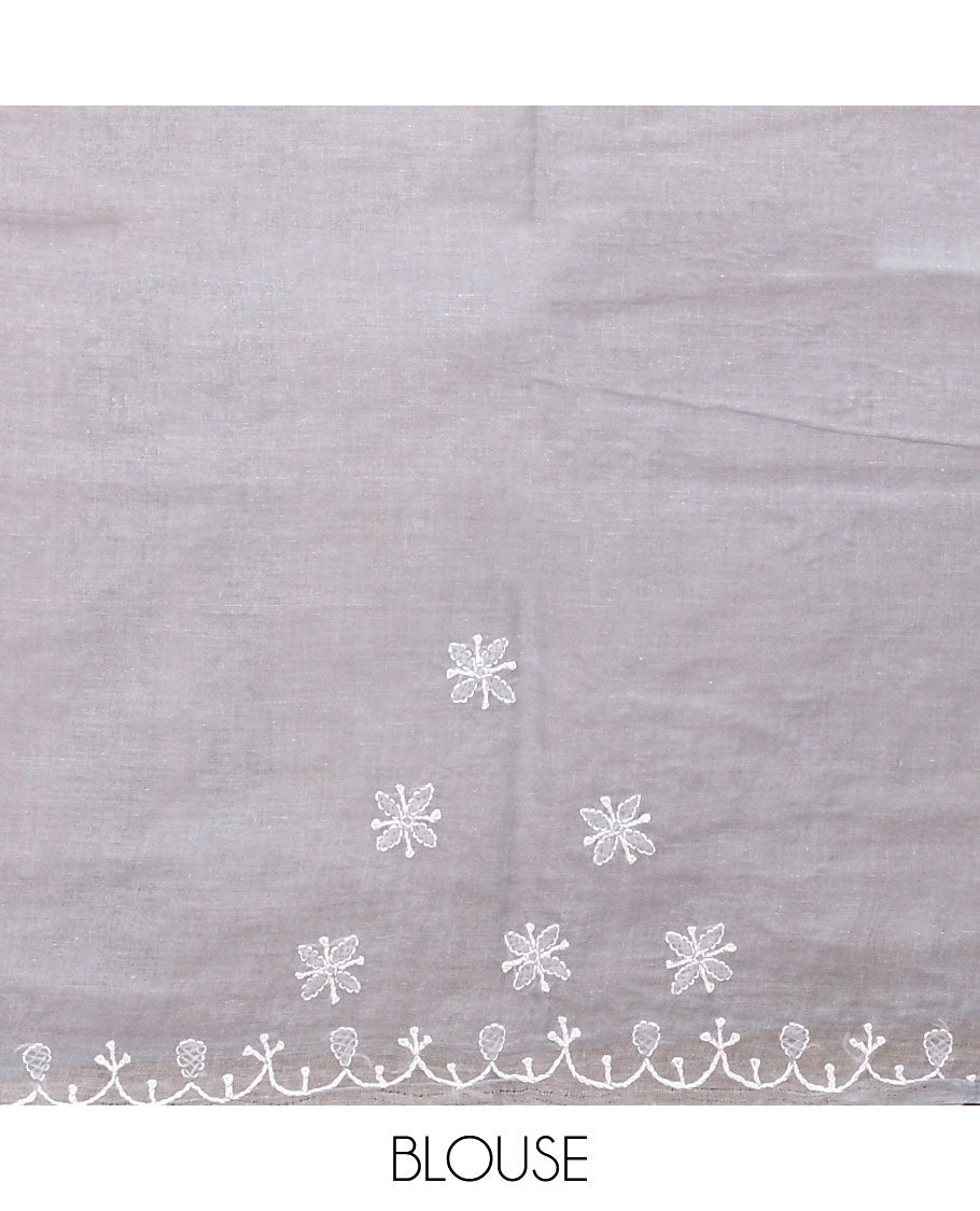 Grey embroidered buttas Lucknowi chikankari saree, thread embroidered border, and floral-paisley motifs embroidered pallu