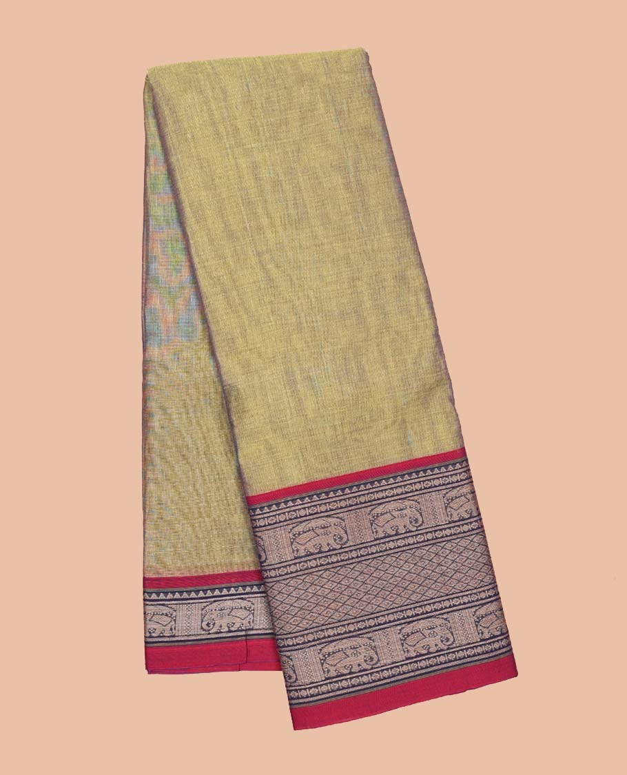 Sandal plain design Narayanapet cotton saree, contrast traditional design border & striped pallu