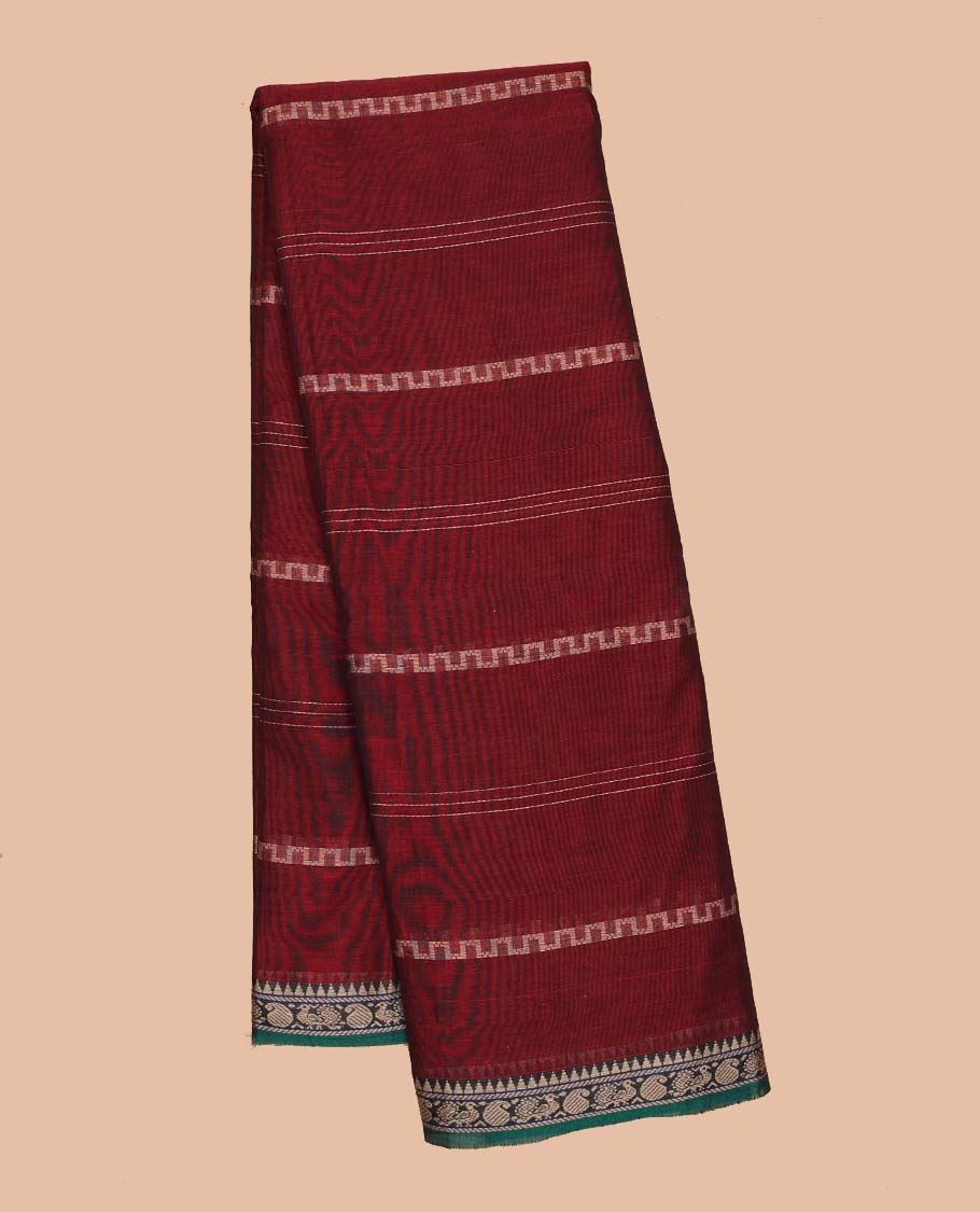 Maroon unique striped Narayanapet cotton saree, contrast traditional design border & striped pallu
