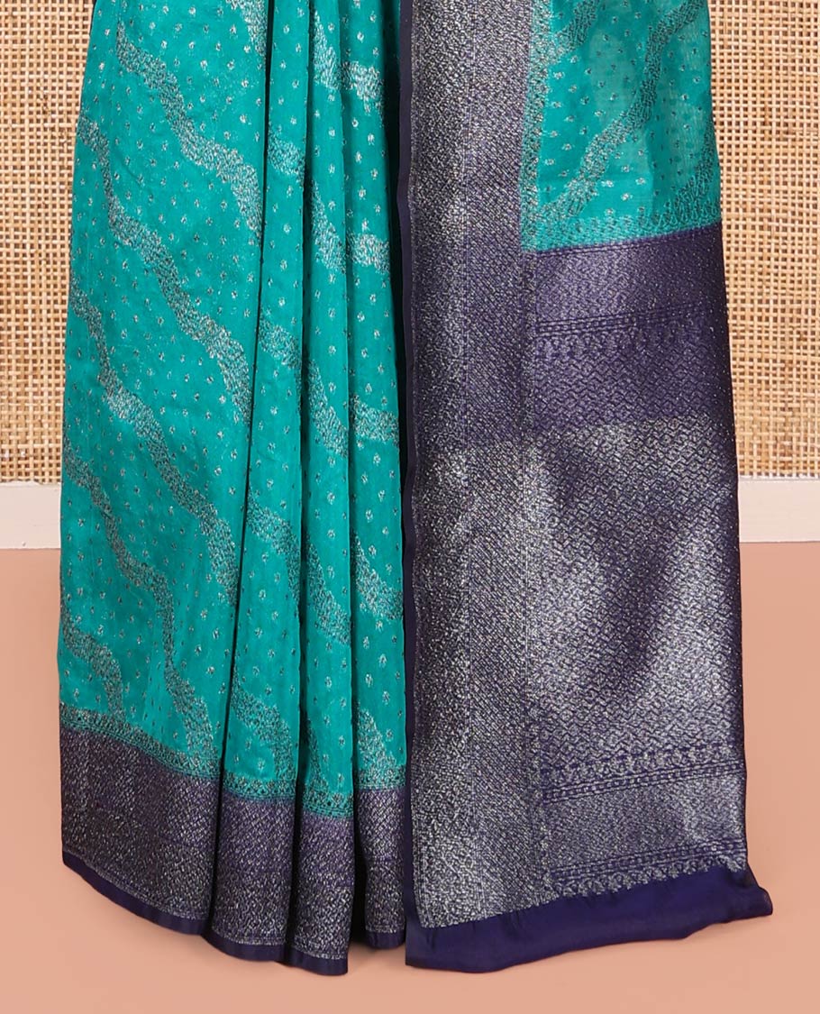 Blue Dola Silk Saree, Woven with Zari Buttas and Chevron on Its Body, Complemented by Contrast Zari Border, Gleaming Zari Pallu, and Paired with a Contrast Blouse