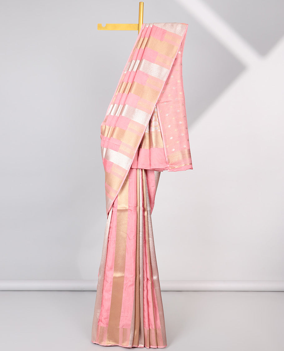 Pink striped semi-banaras dola silk saree with self zari border & intricate zari design pallu