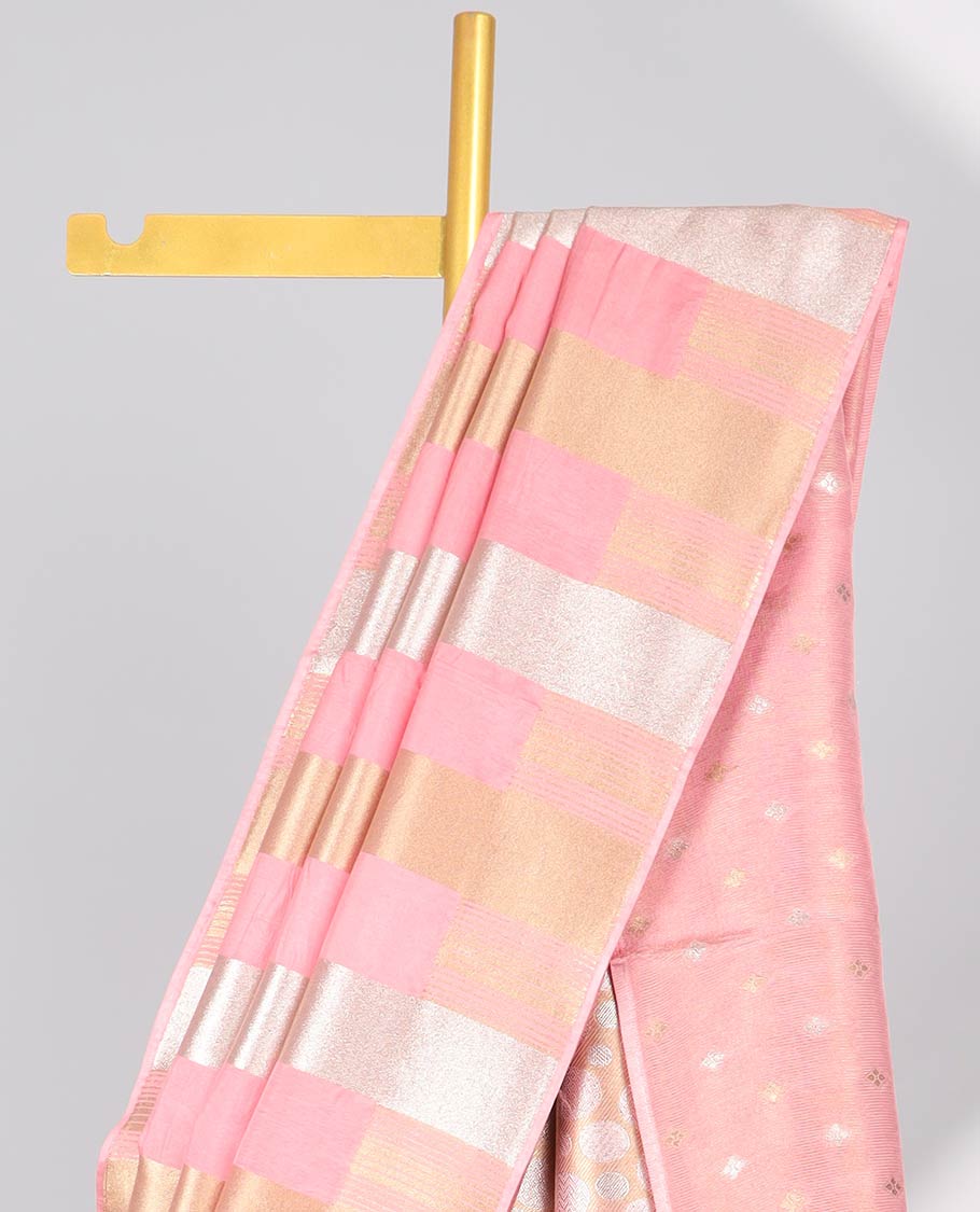 Pink striped semi-banaras dola silk saree with self zari border & intricate zari design pallu