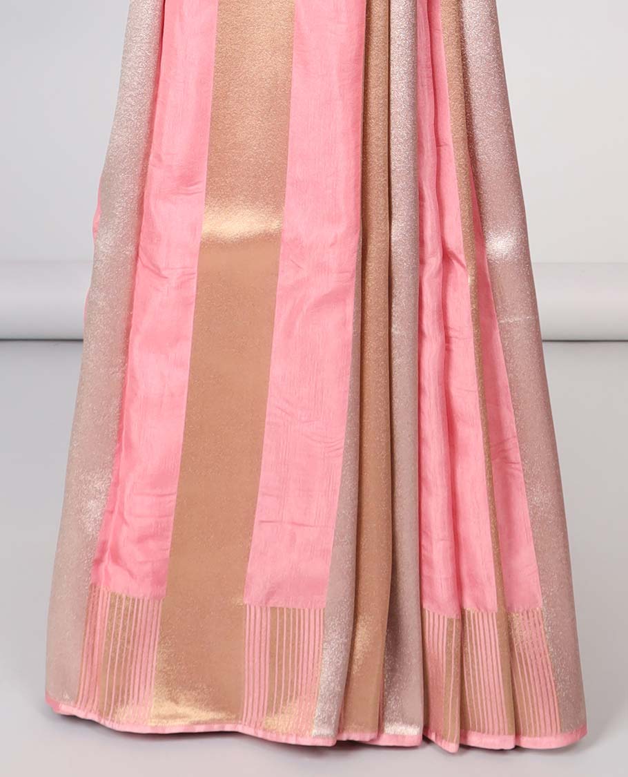 Pink striped semi-banaras dola silk saree with self zari border & intricate zari design pallu