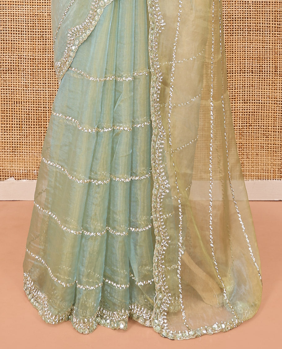 Pista Green Stone-Kardana Work Organza Designer Saree with a Scallop Embroidery Border, Matching Blouse