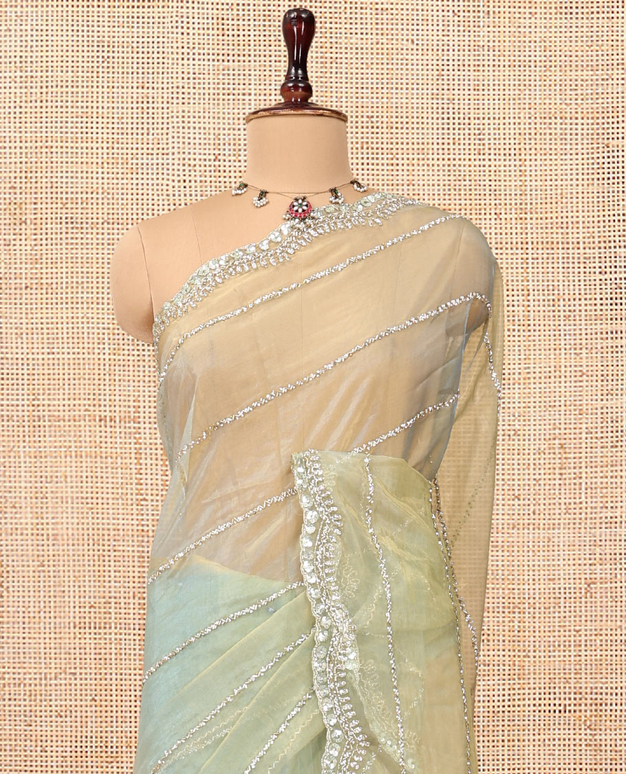 Pista Green Stone-Kardana Work Organza Designer Saree with a Scallop Embroidery Border, Matching Blouse
