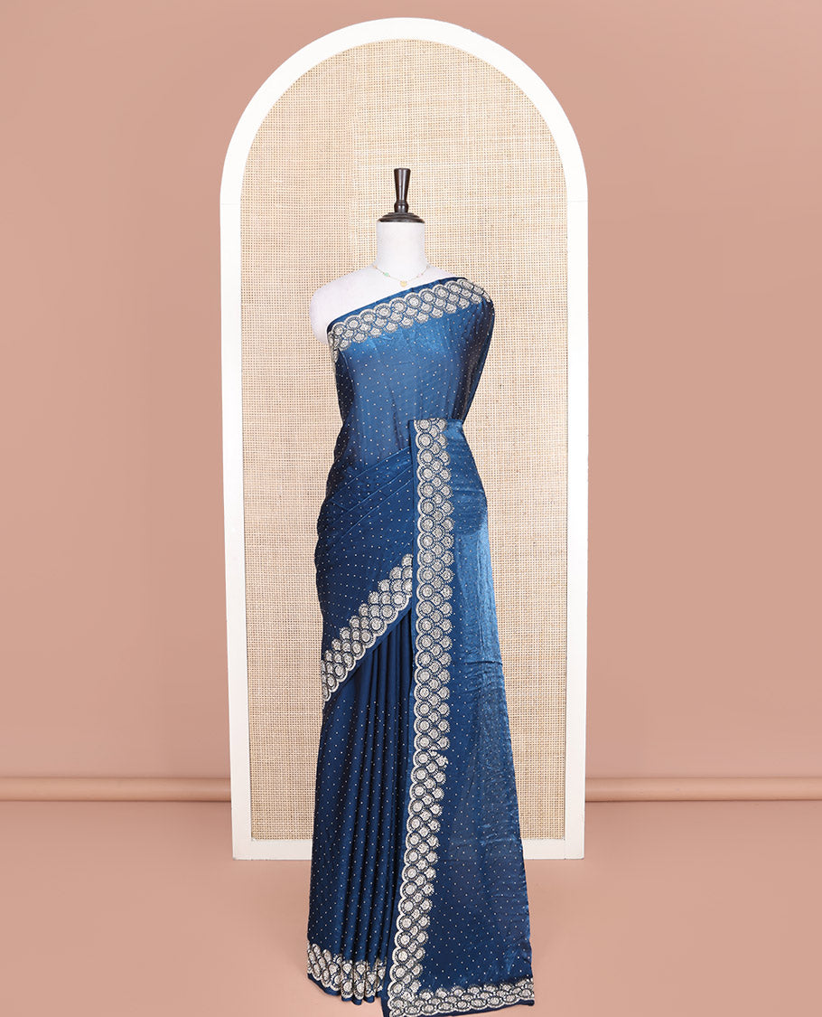 Blue Designer Saree, Prettified with Stone Struck on Its Body, Highlighted by a Stone Embroidered Scallop Border, Self-Pallu, and Paired with a Stone Work Matching Blouse
