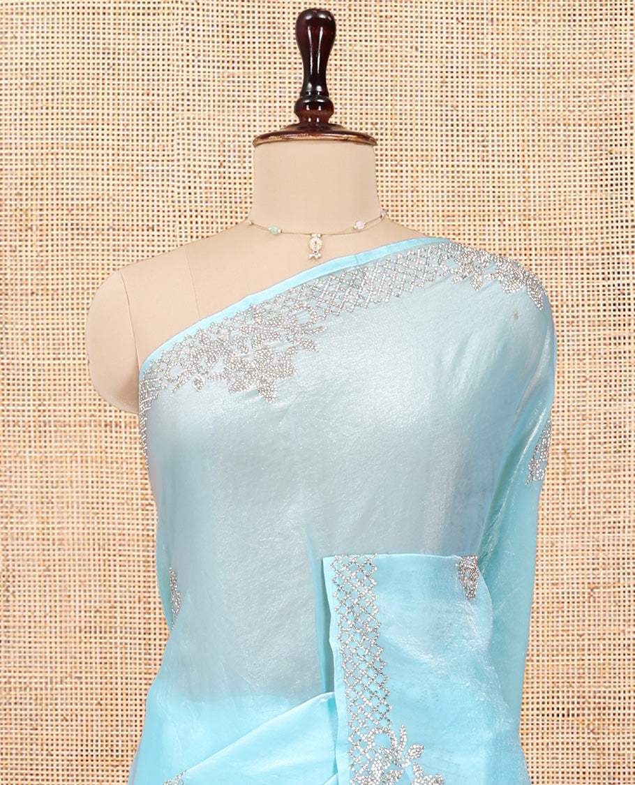 Blue Designer Saree, Spotlighted with Stone Buttas All Over Its Body, Highlighted by Intricately Stone Work Border, and Paired with a Matching Blouse