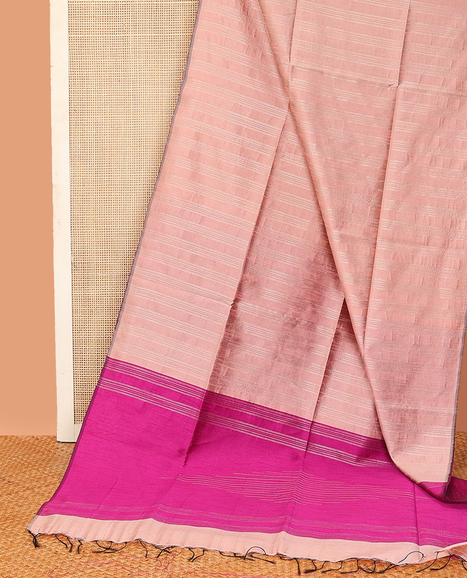 Borderless pale pink striped dupion saree, contrast pallu of stripes