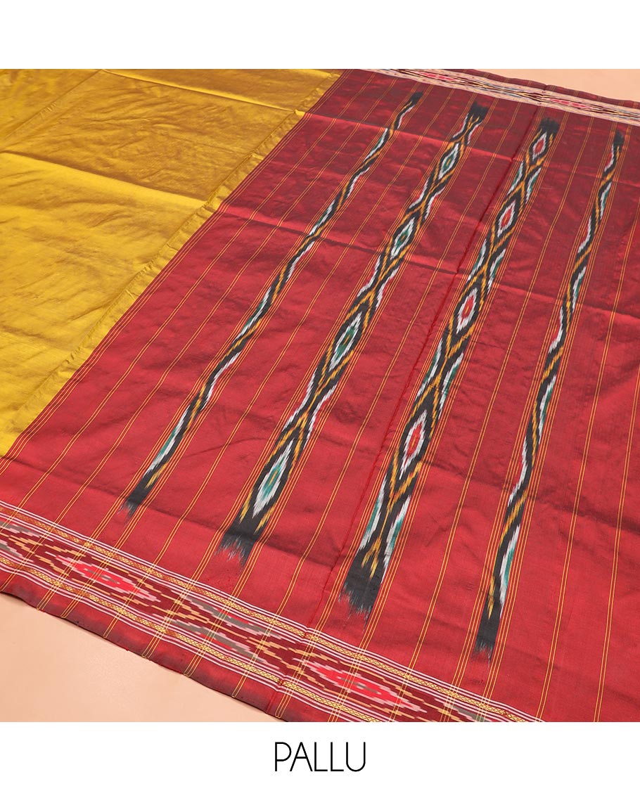 Mustard Plain Ikkat Silk Saree with a Contrast Border Enhanced by an Ikkat Weave, Pallu Features Stripes and Ikkat Texture