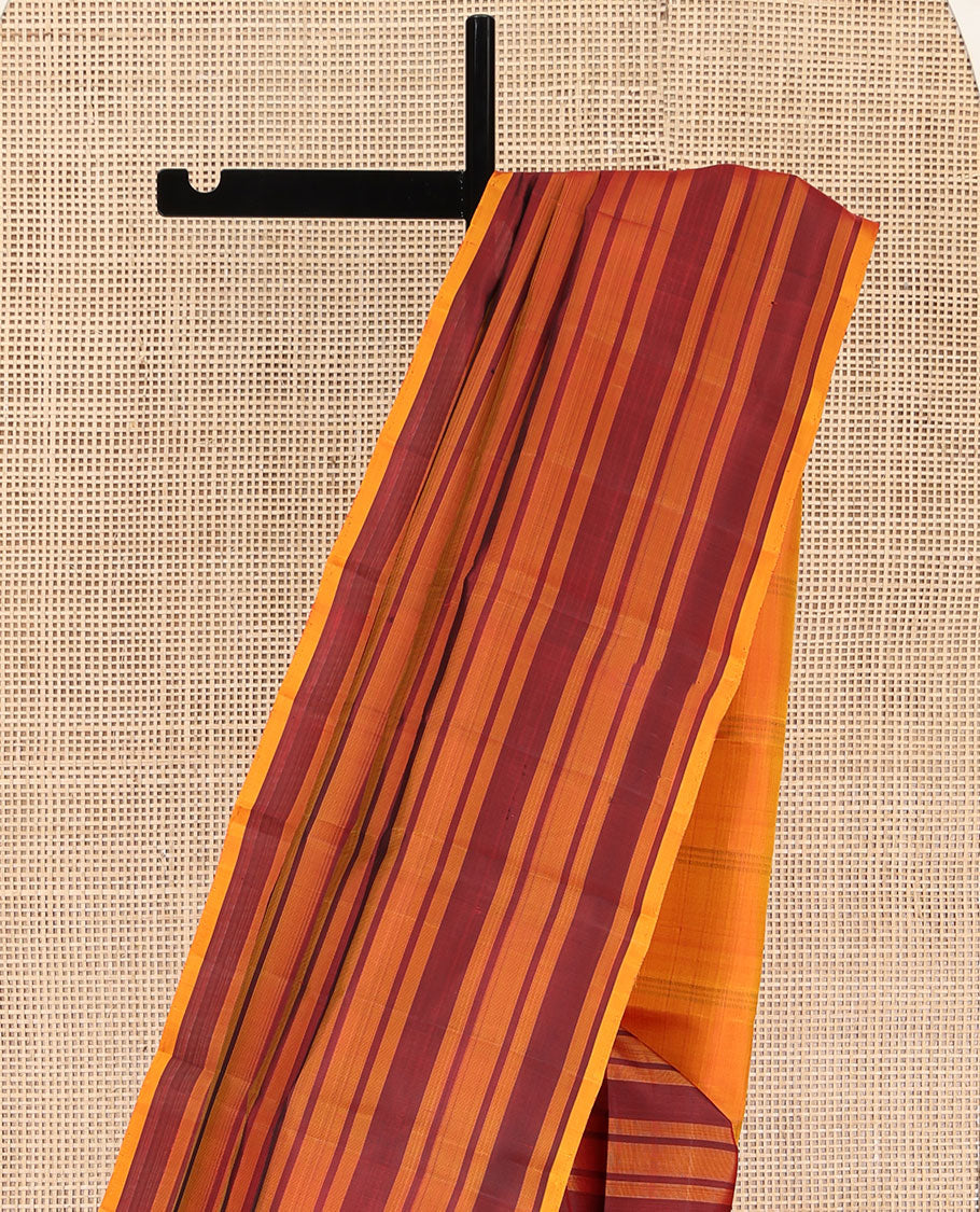 Borderless Red and Yellow Kanchipuram Silk Saree, Delicately Woven with Stripes All Over Its Body, Captivating Contrast Pallu of Stripes, and Paired with a Contrast Blouse