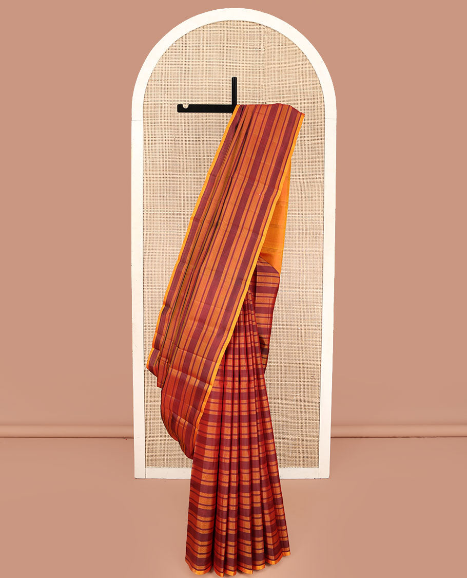 Borderless Red and Yellow Kanchipuram Silk Saree, Delicately Woven with Stripes All Over Its Body, Captivating Contrast Pallu of Stripes, and Paired with a Contrast Blouse