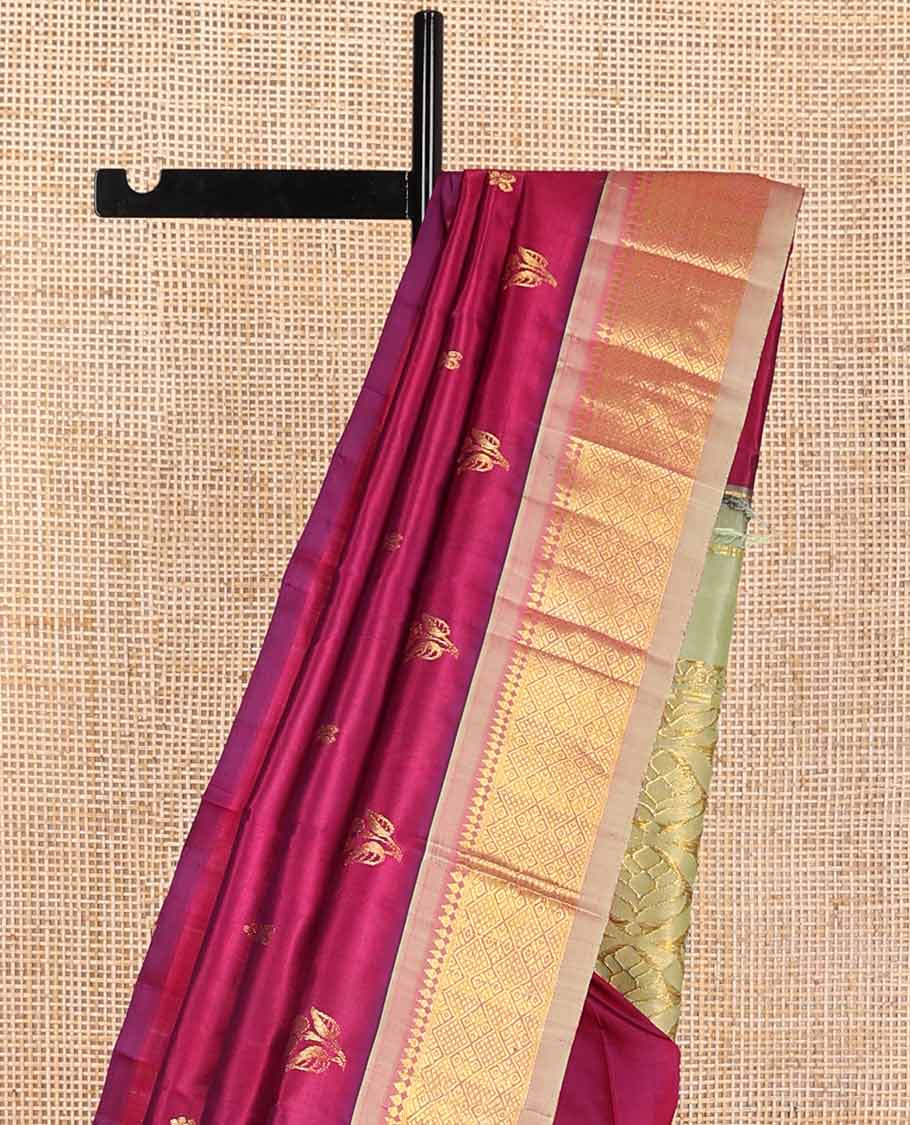 Purple floral buttas kancheepuram silk saree with contrast intricate zari design border & floral jaal design pallu