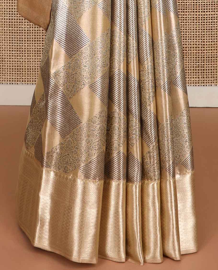 Brown floral, geometric design kancheepuram tissue silk saree contrast border of intricate zari design & argyle design pallu