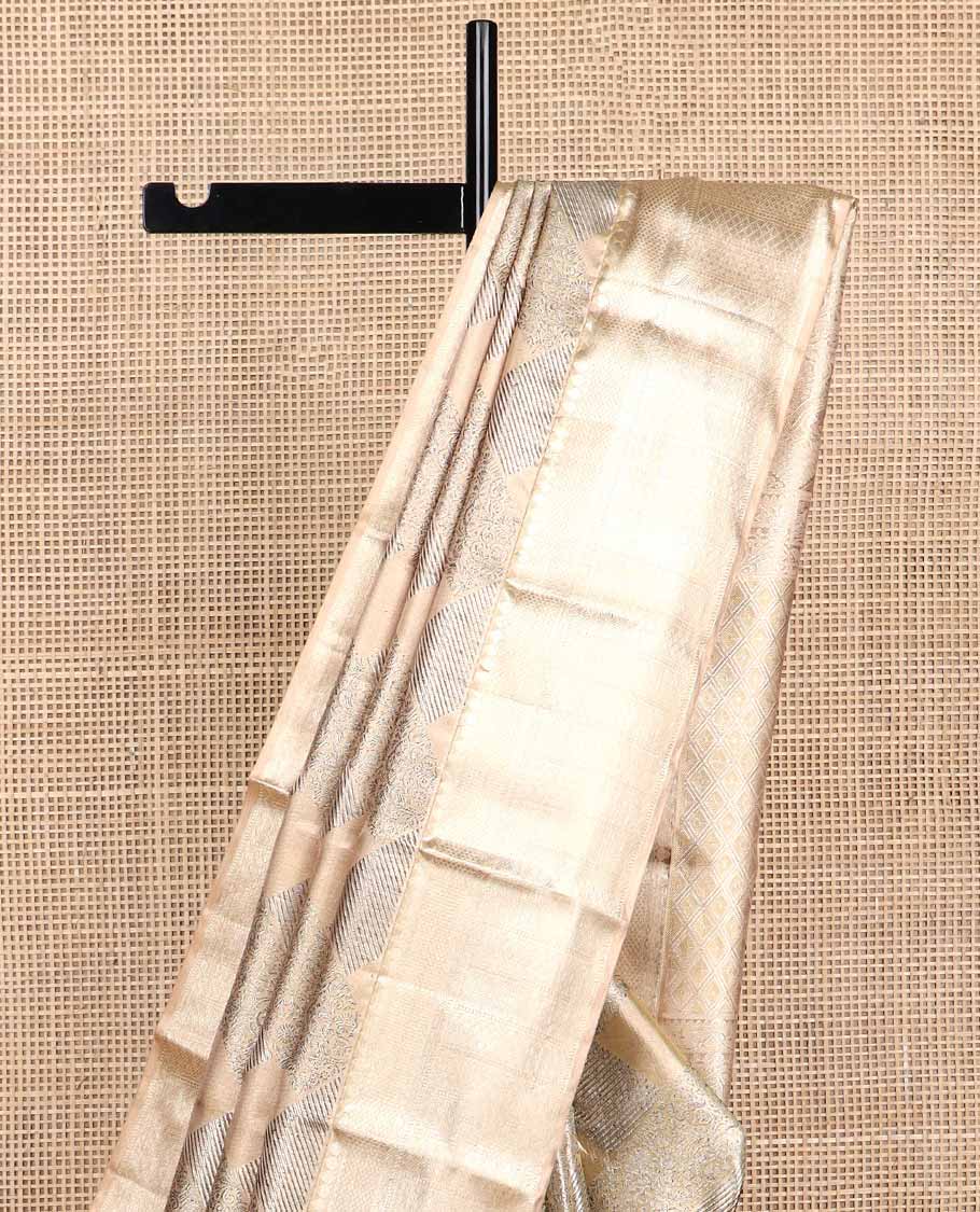 Brown floral, geometric design kancheepuram tissue silk saree contrast border of intricate zari design & argyle design pallu