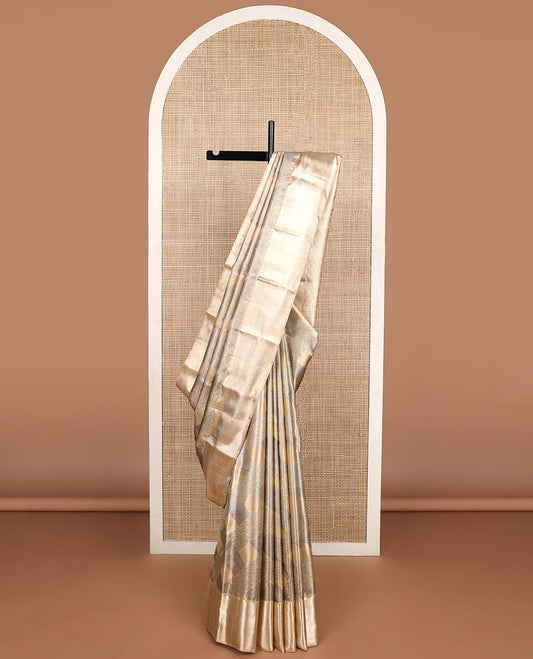 Brown floral, geometric design kancheepuram tissue silk saree contrast border of intricate zari design & argyle design pallu