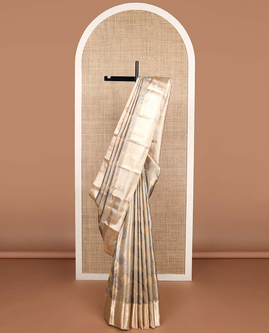 Brown floral, geometric design kancheepuram tissue silk saree contrast border of intricate zari design & argyle design pallu
