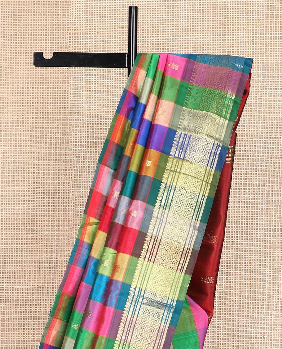 Multi-color checked & zari buttas kanchipuram silk saree, one-sided border of thilakam mokku,muthu,banaras & jaal & zari design pallu