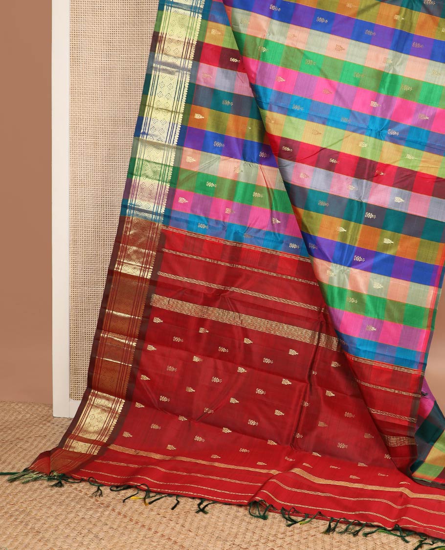 Multi-color checked & zari buttas kanchipuram silk saree, one-sided border of thilakam mokku,muthu,banaras & jaal & zari design pallu