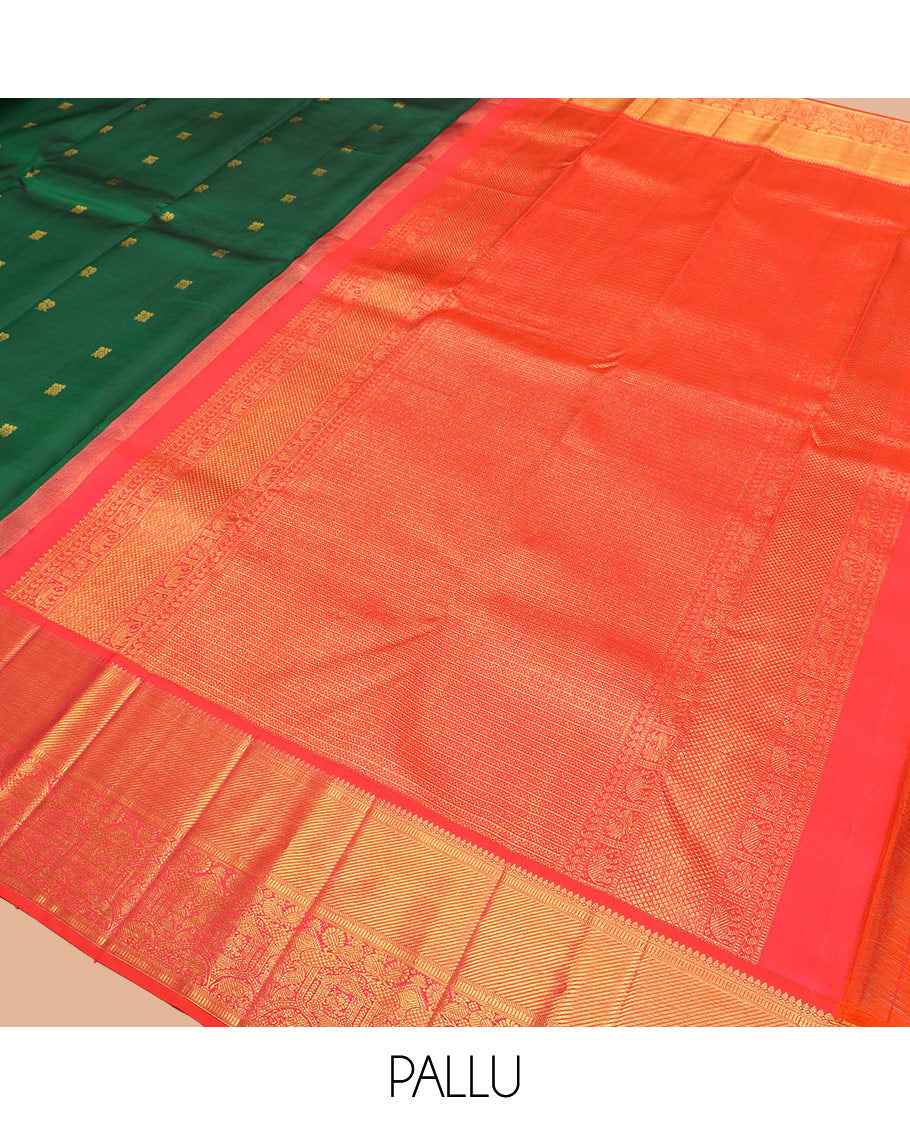 Green zari buttas Kanchipuram silk saree, contrast border of thilakam mokku, banaras, muthu, and mayil designs, and pallu of neli designs