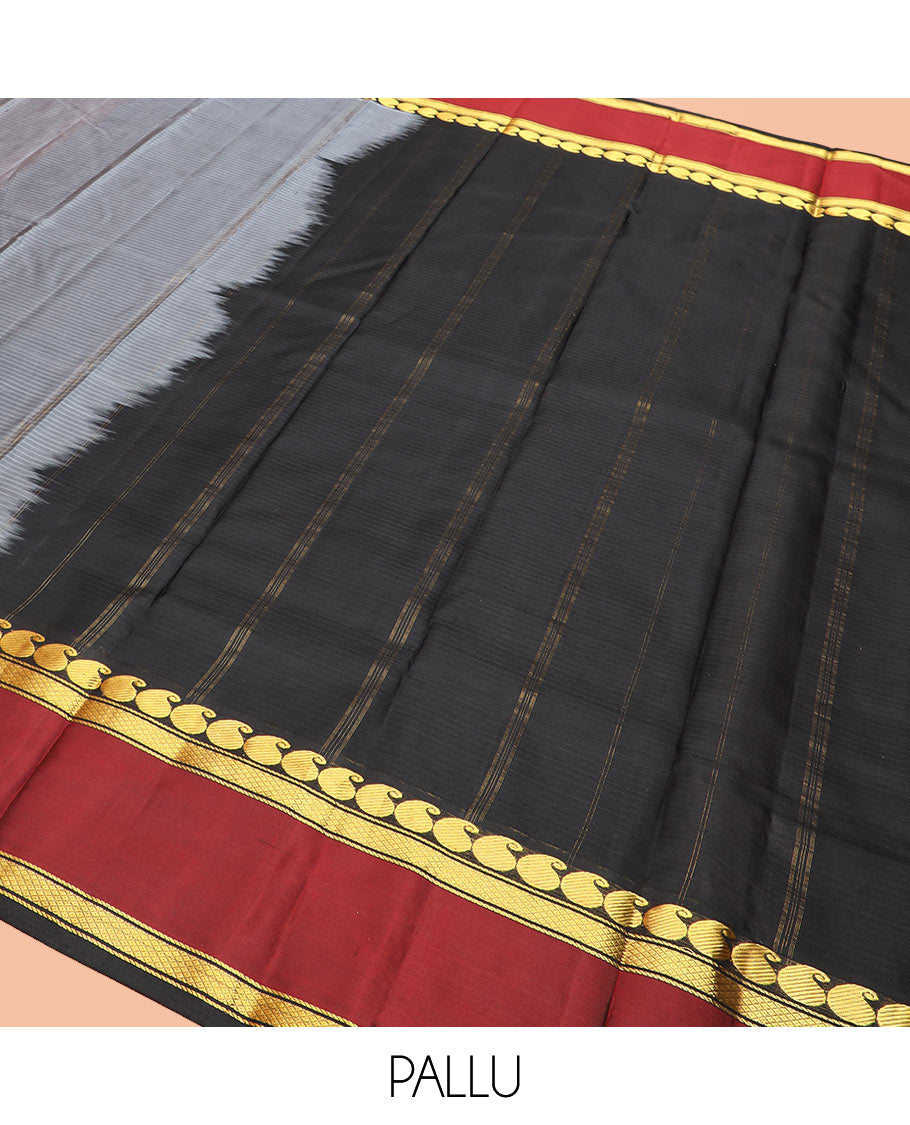 Grey Striped Kanchipuram Silk Saree Adorned with a Contrast Rettai Pettu Border Featuring Manga, Banaras, and Mayil Kann Designs, a Subtle Striped Pallu, and a Contrast Blouse