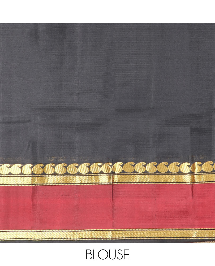 Grey Striped Kanchipuram Silk Saree Adorned with a Contrast Rettai Pettu Border Featuring Manga, Banaras, and Mayil Kann Designs, a Subtle Striped Pallu, and a Contrast Blouse