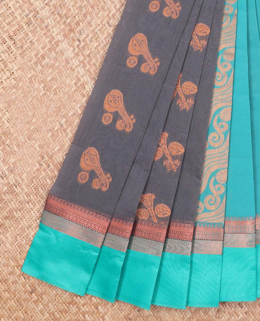 Grey motifs kora cotton saree with contrast zari design border & floral zari design pallu